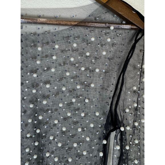 Black Sheer Mesh Pearl Top Long Sleeve Y2K Coquette Small - Picture 8 of 9